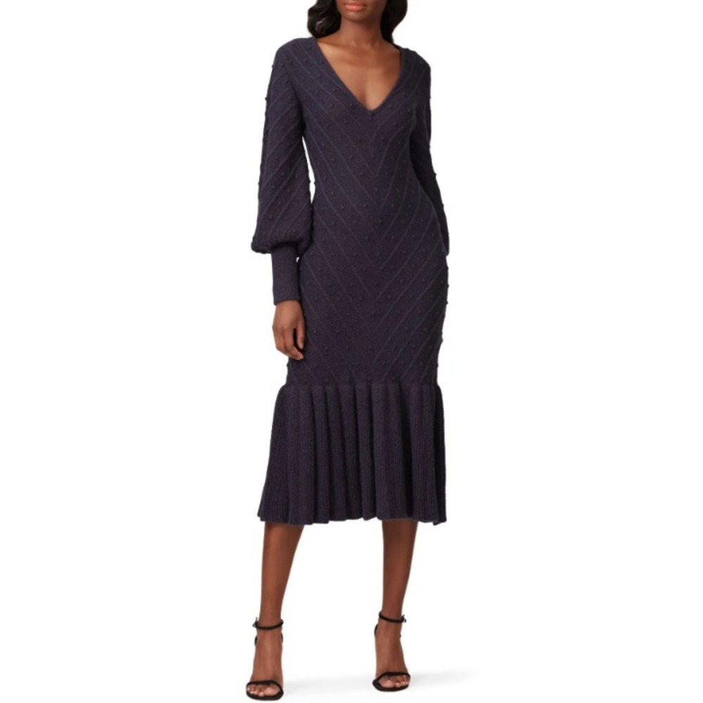 Keepsake Womens Melody Knit Sweater Dress V Neck Swiss Dot Midnight Blue Medium